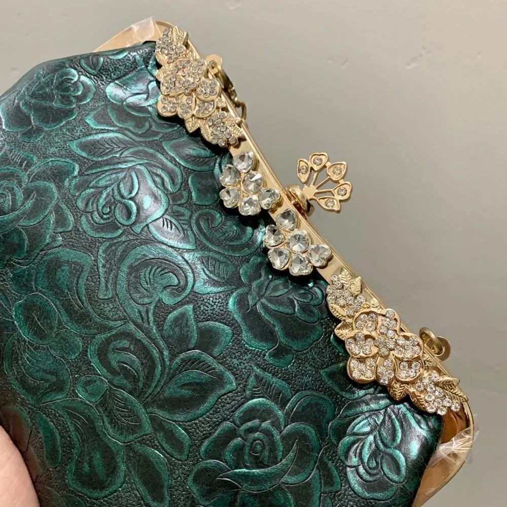 Handmade Genuine Leather Floral Embossed Push-lock Wristlet/Crossbody/Eveningbag